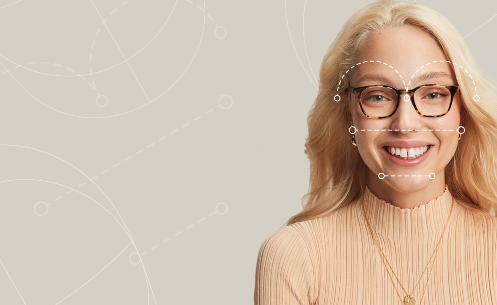 Image of a person wearing Zenni square glasses, with dotted lines over their faces showing the various dimensions of their faces.