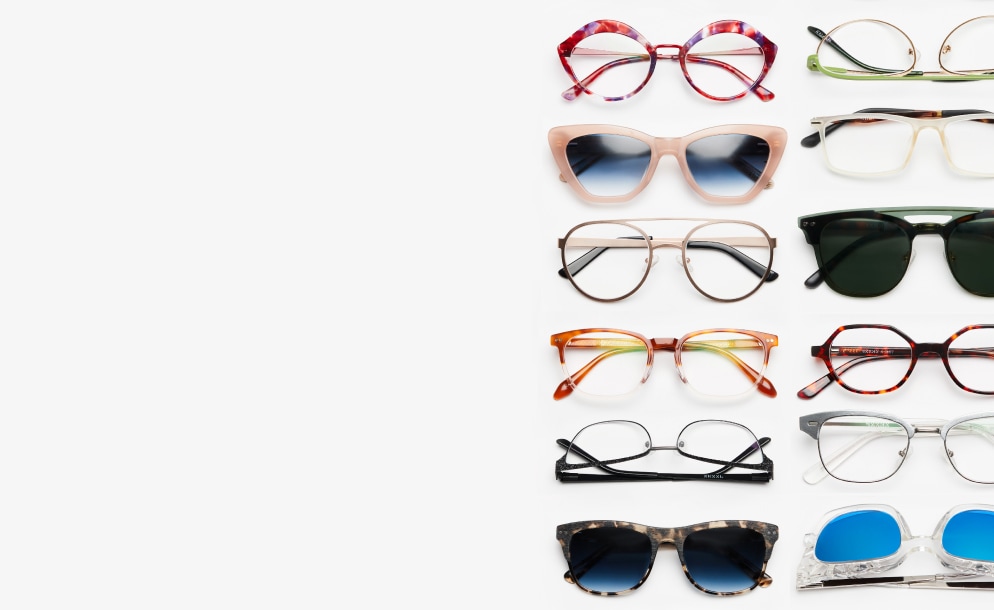 Image of an assortment of Zenni glasses on a white background.