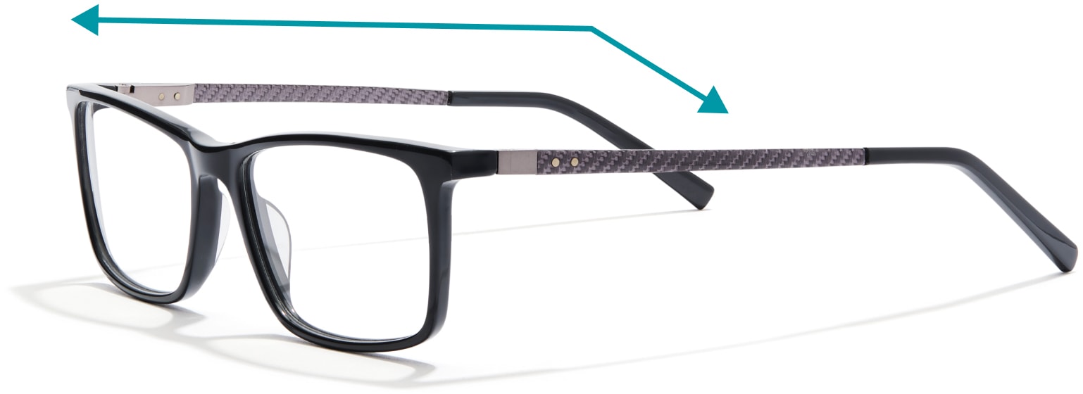 Image of a profile shot of zenni glasses with carbon fiber temple arms. There is a line above the glasses pointing from the frame front to the end of the temple arms.