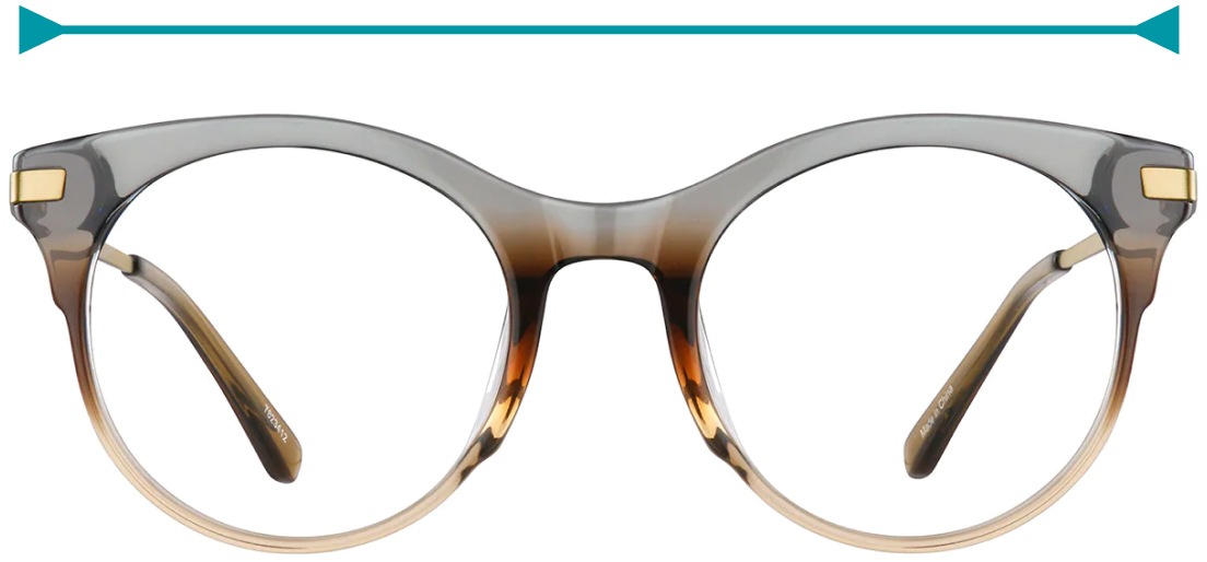 Image of a pair of glasses viewed from the front, with a line that outlines the width of the glasses' frame front.
