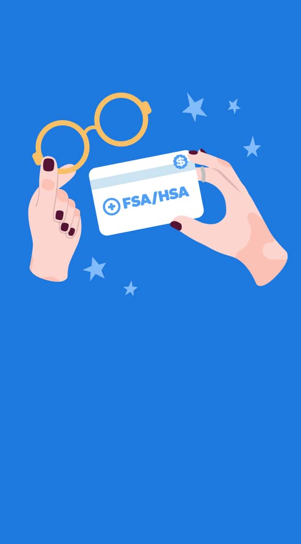 A illustration on a dark blue background with stars. Two hands hold a white card marked ‘FSA/HSA’ and a pair of yellow, round-rimmed glasses, suggesting the use of a health spending card for eyewear.