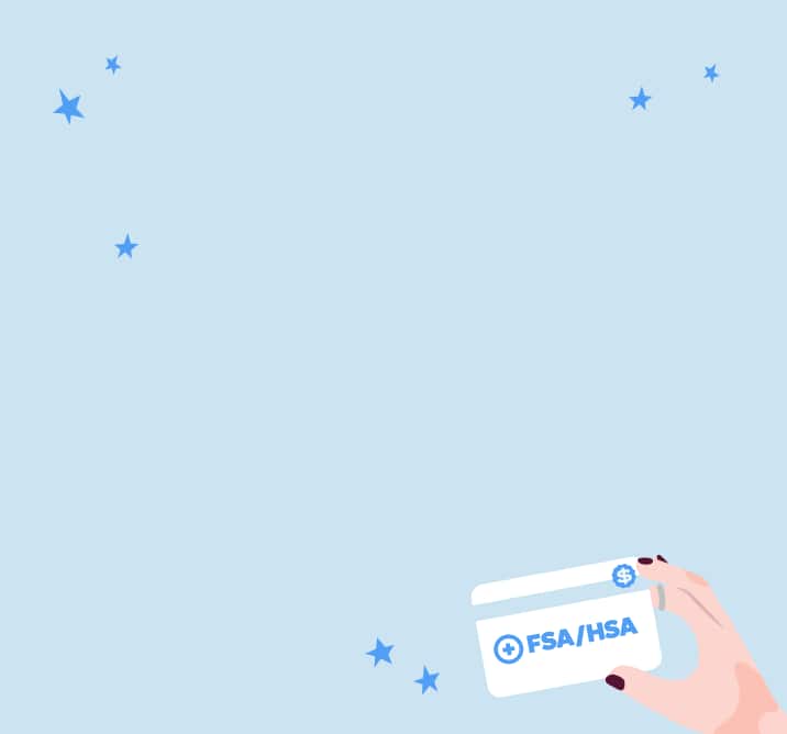 Illustration of a hand holding an FSA/HSA card on a light blue background with stars.