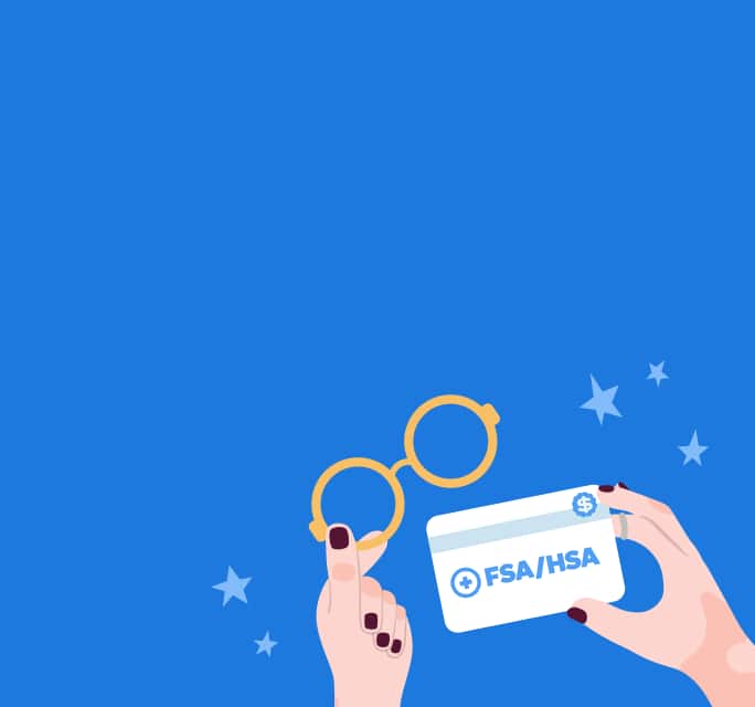 A cartoon illustration on a dark blue background with stars. Two hands hold a white card marked ‘FSA/HSA’ and a pair of yellow, round-rimmed glasses, suggesting the use of a health spending card for eyewear.