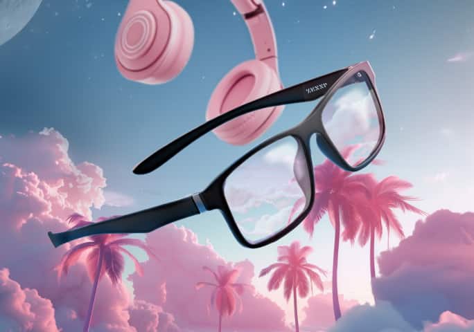 Zenni black-framed Optiflex glasses and pink headphones floating above a dreamy sky with pink palm trees.
