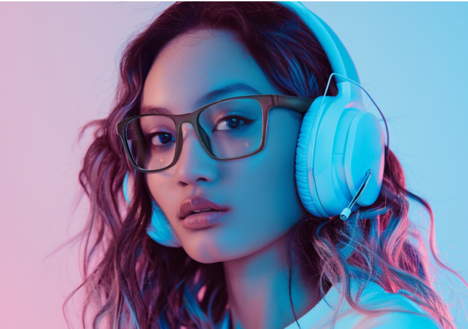 A woman wearing brown-framed Optiflex glasses and white headphones on a mixed gradient pink and light blue background.