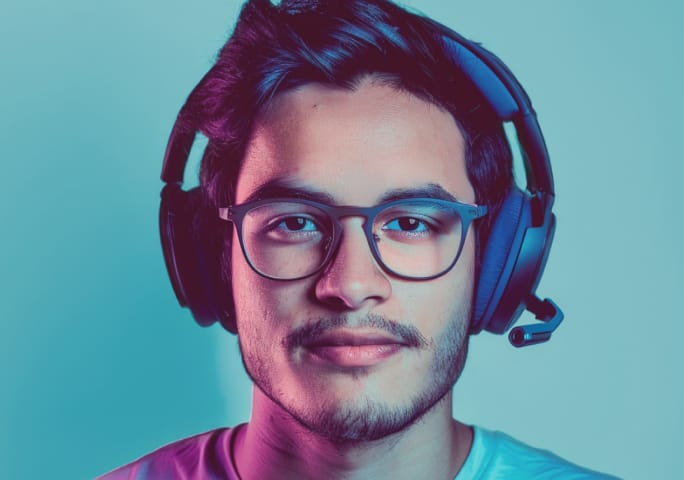 A man wearing black square OptiFlex glasses under a gaming headset on a teal background.