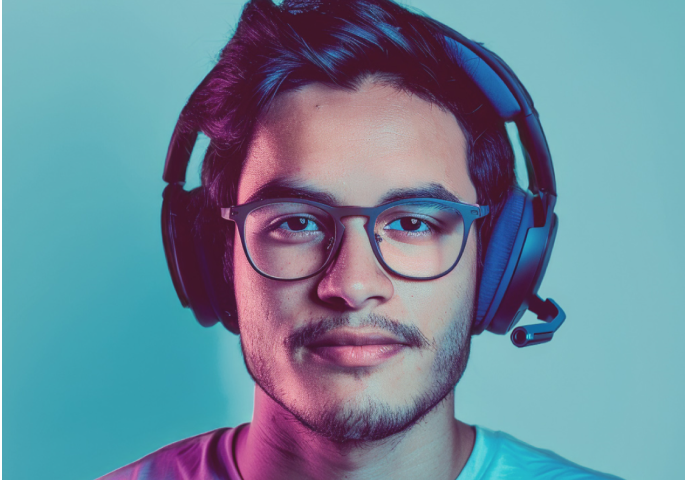 A man wearing black square OptiFlex glasses under a gaming headset on a teal background.