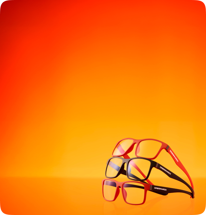 Three pairs of DreamHack X Zenni glasses in dark orange and black frames, stacked on top of each other on orange background.