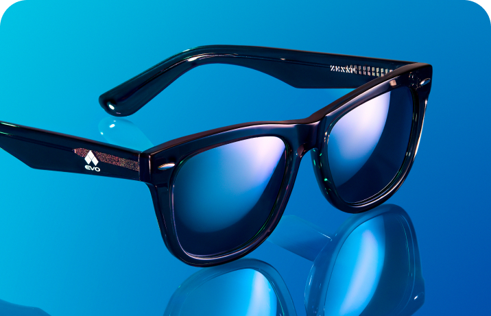 Stylish dark frame sunglasses with blue reflective lenses, featuring the Evo logo on the temple, displayed on a blue gradient background.