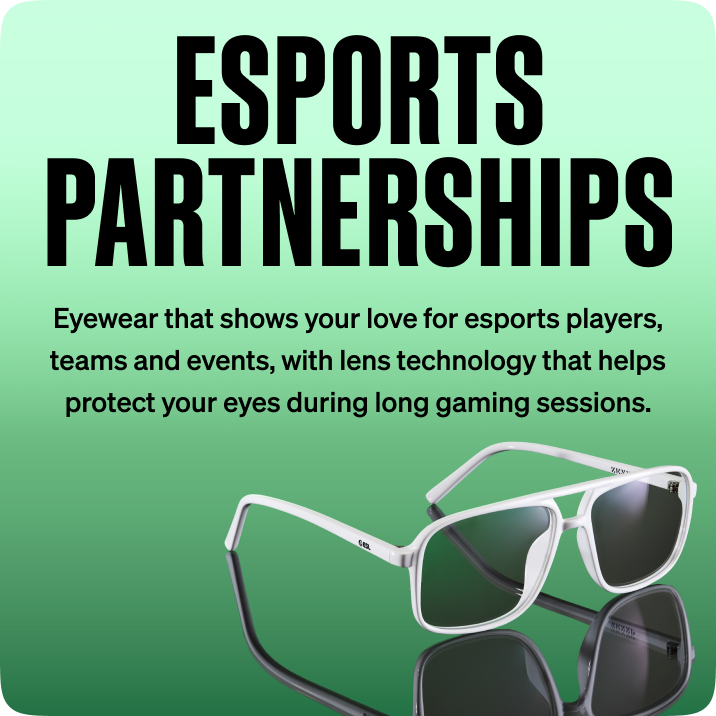 Black sunglasses with clear lenses featuring Zenni's esports partnerships text overlay, promoting eyewear for esports players and teams, with a “Shop now” button.