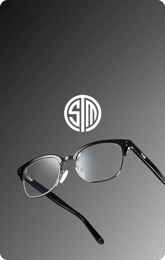 Black eyeglasses with clear lenses highlighting “The TSM Collection” along with the TSM logo. Text reads “Show your love for TSM with a curated collection of eyewear” with a “Shop now” button.