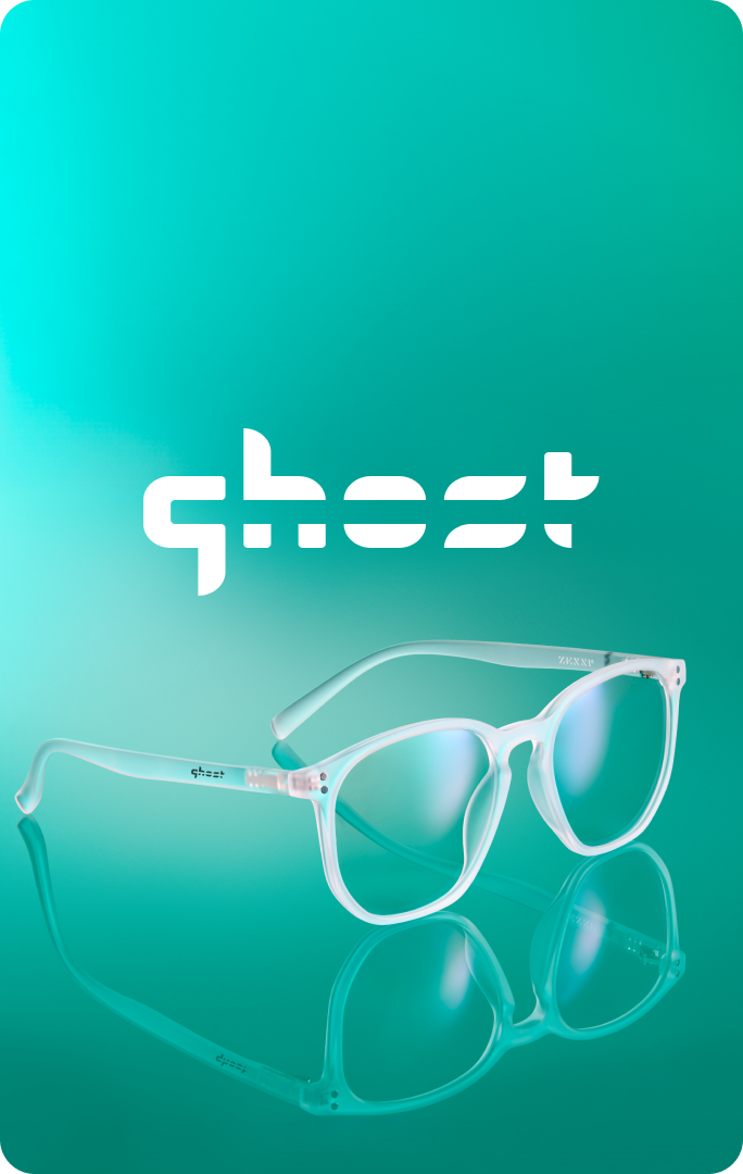 Light blue eyeglasses with clear lenses from “The Ghost Collection,” promoted with the text “Proudly rep Ghost with a curated collection of eyewear,” and a “Shop now” button.