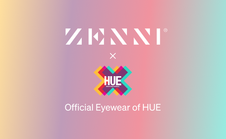 Zenni and HUE Invitational logos with text reading 'Official Eyewear of HUE' on a pastel gradient background.