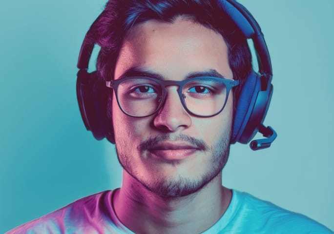 Man wearing Zenni OptiFlex blue frames with a black headset on a cool-toned blue background.