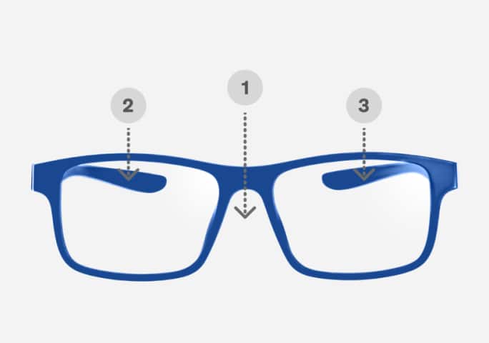 Blue Zenni OptiFlex frames on a light background with numbered circles 1, 2, and 3 pointing to specific areas on the frame.