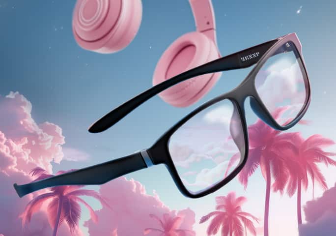 Zenni OptiFlex frames floating with pink headphones, clouds, and palm trees on a pastel sky background.