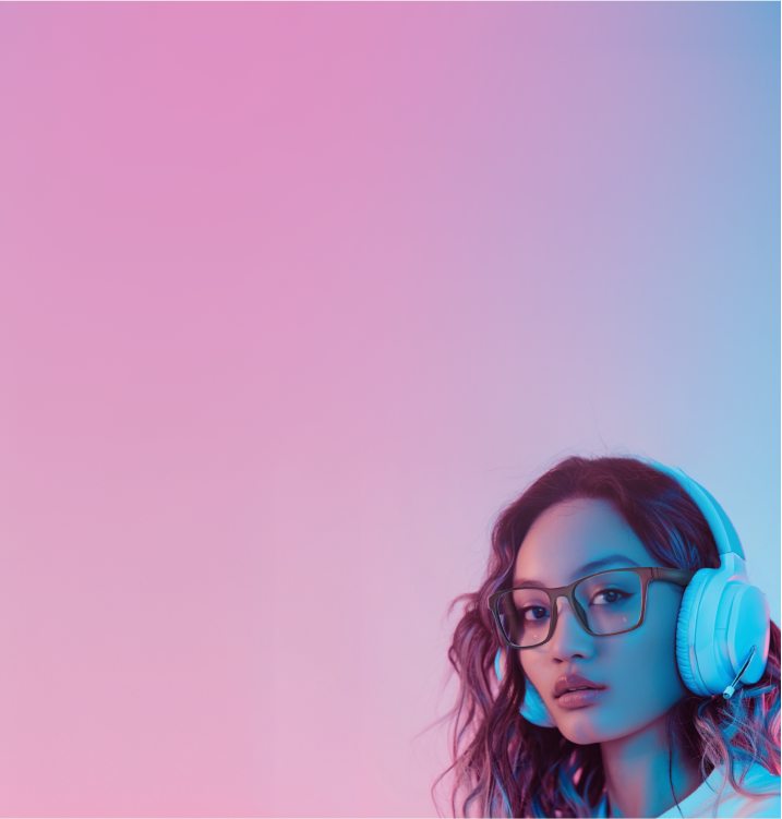 Woman with dark wavy hair wearing Zenni OptiFlex frames with a headset against a gradient pink and blue background.