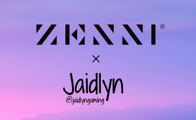 A banner with a purple-pink gradient background featuring the "ZENNI" and "Jaidlyn" collaboration logo, with "@jaidlyngaming" written below it in smaller text.