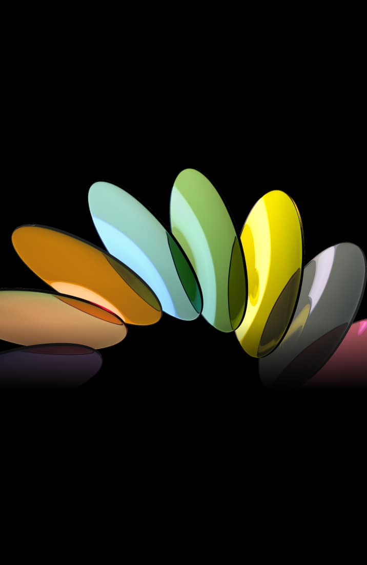All 8 Blokz Plus Tints lens colors in a row: purple, orange, amber, blue, rose, green, yellow, gray.