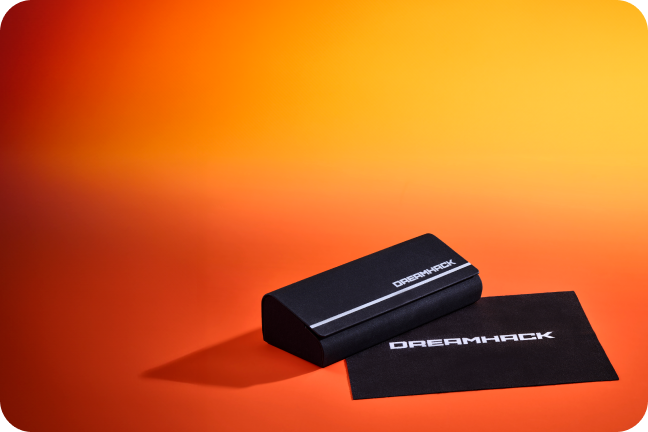 A pair of black plastic co-branded DreamHack x Zenni glasses.