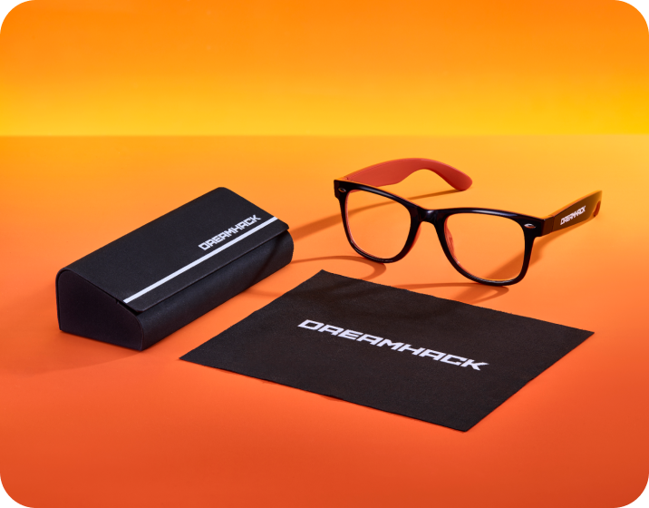 A pair of black plastic DreamHack x Zenni glasses with a black DreamHack branded glasses case and microfiber cloth.