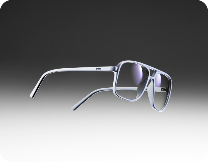 A pair of gray plastic aviator co-branded ESL x Zenni glasses.