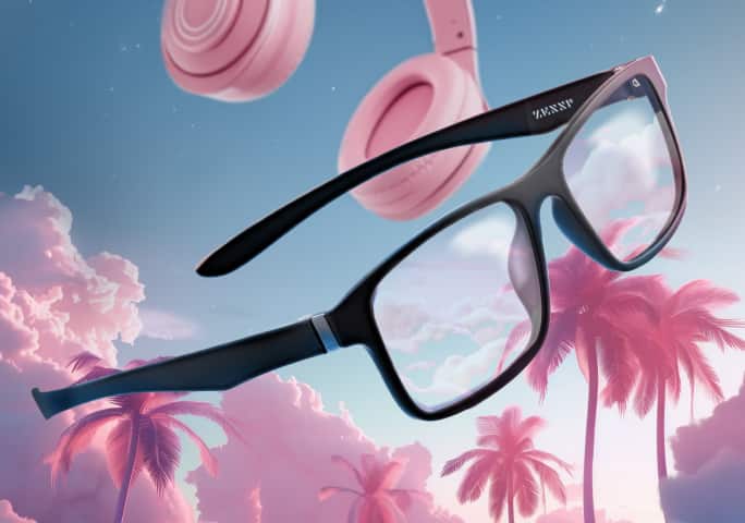 Zenni black-framed Optiflex glasses and pink headphones floating above a dreamy sky with pink palm trees.