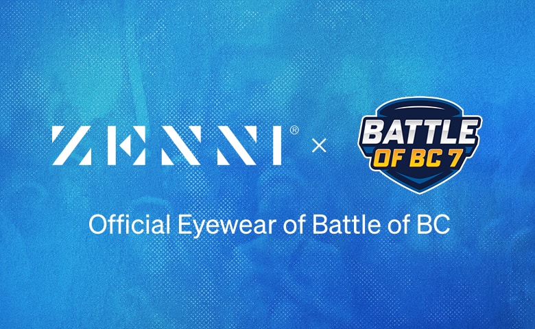 The Zenni logo and the Battle of BC logo (bold stylized Battle of BC text and a dark shield in the background) on a textured blue background.