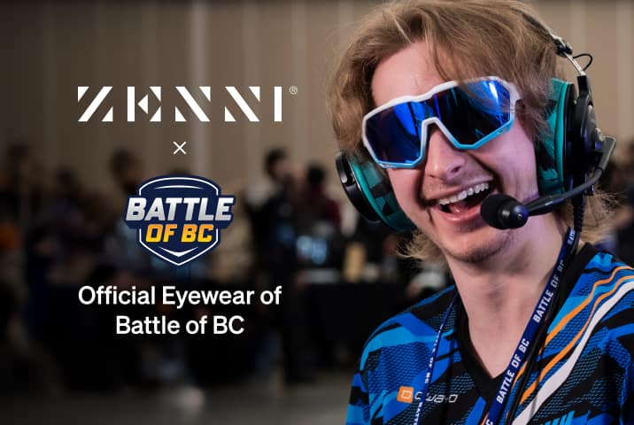 The Zenni logo and the Battle of BC logo (bold stylized Battle of BC text on a dark shield) placed over a close-up image of a smiling video game professional wearing a pair of wrap-around glasses.