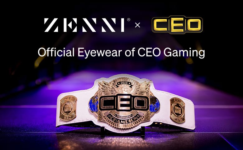 The Zenni logo and the CEO logo (yellow 3D beveled text) on a mostly darkened black background, which includes a spotlit image of the 2025 CEO Gaming Tournament Champion belt in front of distant stage lighting.