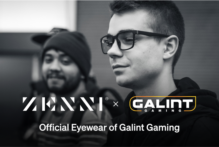 Zenni x Galint Gaming logos over a black and white image of two young men looking at a screen where a video game is being played at a conference event space.