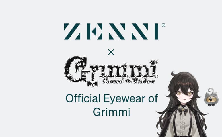 The Zenni logo and Grimmi's logo (“Grimmi Cursed Vtuber” in stylized font) and an image of Grimmi on a light gray background.