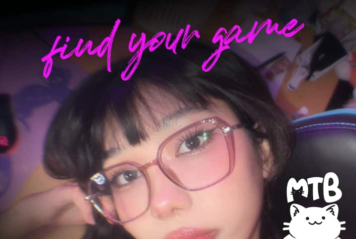 A person wearing oversized pink glasses with straight black hair and bangs. The background is dark with purple tones, and bold neon pink text reads ‘find your game’. In the lower corner, the white MTB logo is displayed.