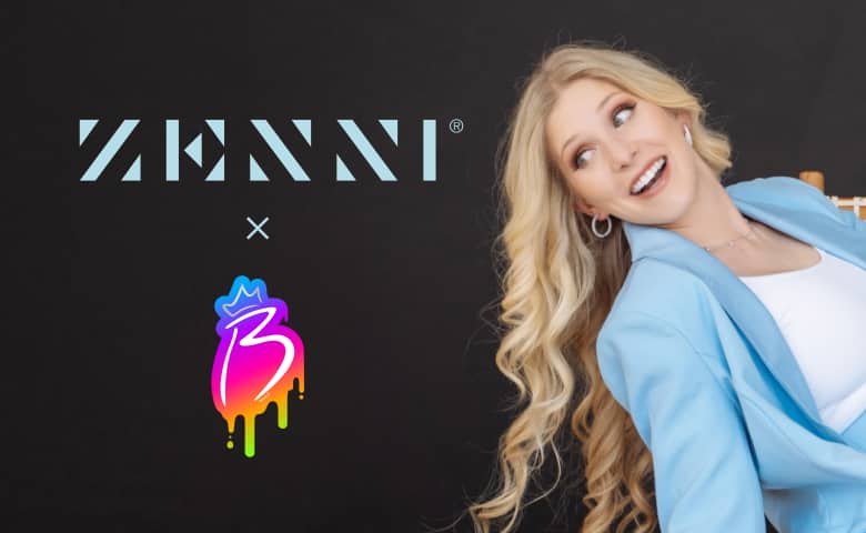 The Zenni logo and Brianna’s logo (a letter B with a crown over dripping rainbow paint) next to a photo of Brianna in a powder blue suit.