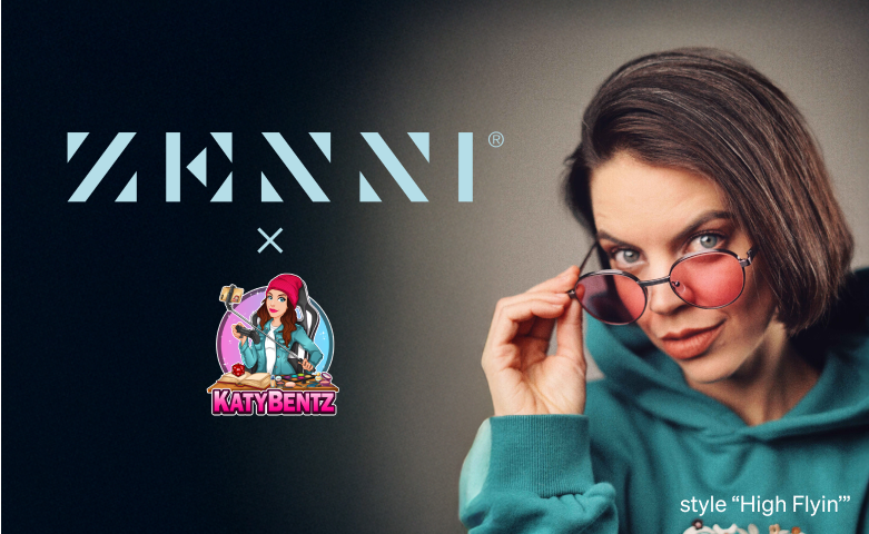 The Zenni logo and Katy Bentz logo (a cartoon version of Katy Bentz holding a selfie stick and a game controller in front of a table with both tabletop gaming and makeup accessories) and a photo of Katy wearing round glasses with pink lenses on a dark background.