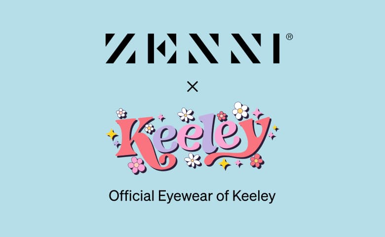 The Zenni logo and Keeley logo (the name Keeley in a retro font surrounded by illustrations of flowers) on a light blue background.