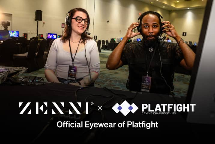 The Zenni logo and the Platfight logo, featuring its three connecting squares’ icon, over an image of two professional video game players at the site of a professional video game competition. One of which is adjusting his headphones.