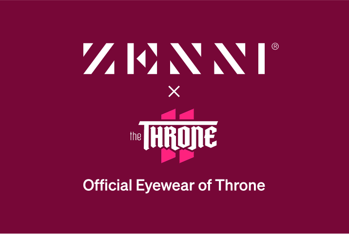 Zenni logo and the Throne logo announcing official eyewear partnership on a dark maroon background.