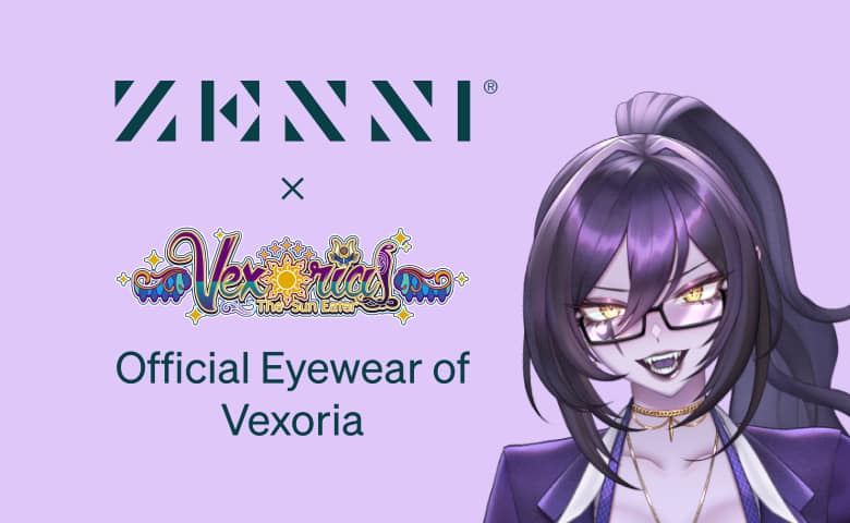 The Zenni logo and Vexoria’s logo (“Vexoria, The Sun Eater” in stylized font) and an image of Vexoria on a light purple background.