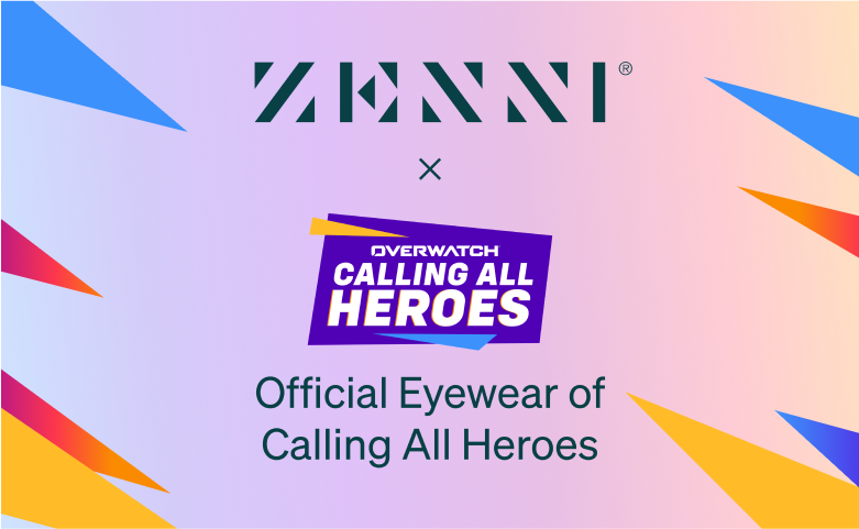 The Zenni logo and the Calling All Heroes logo (a purple design with the word Overwatch) on a light purple background with multi-color design elements.