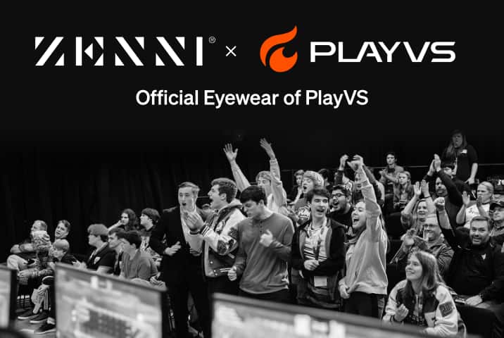 The Zenni logo and the PlayVS logo, featuring the orange stylized fire icon, superimposed over an image of a large crowd of cheering fans at a professional video game competition.