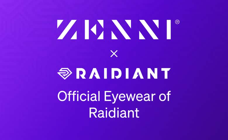 The Zenni Logo and the Raidiant logo (including a stylized diamond icon) on a purple background.