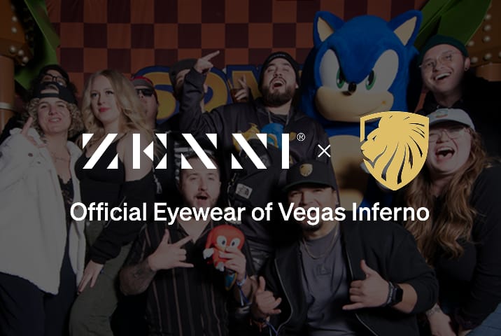 The Zenni logo and the Vegas Inferno logo, featuring its lion shield icon, superimposed over an image of an excited crowd of professional video game competition fans.