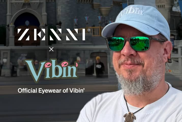 The Zenni logo and the Vibin logo (stylized light blue letters with red dots on the i's and a red single quotation mark at the end), next to a headshot of an older male Vibin' organizer wearing reflective glasses and standing in front of a large castle image in the background.