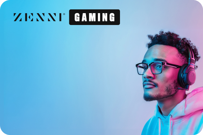 Zenni gaming. A man wearing headphone and Zenni gaming glasses.