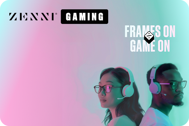 Frame on game on. A man and woman wearing headphone and Zenni gaming glasses.