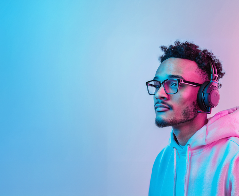 Man in a hoodie wearing headphone with Zenni gaming square glasses.