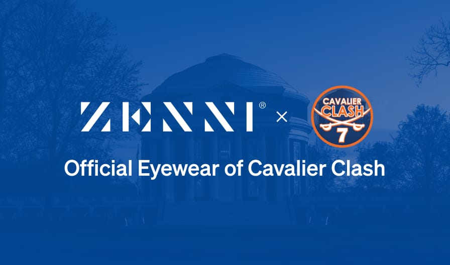 The Zenni logo and the Qor Gaming logo (stylized white initials), over a blue gradient illustration of a wave pattern in the background.