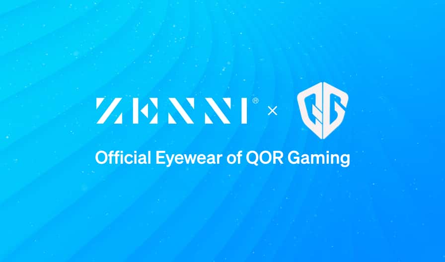 The Zenni logo and the Qor Gaming logo (stylized white initials), over a blue gradient illustration of a wave pattern in the background.