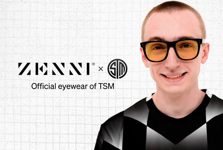 The Zenni logo and the TSM logo (stylized initial letters forming into a circle), next to a headshot of Pro Gamer, Tweek, over a slight gradient grey square-patterned background.